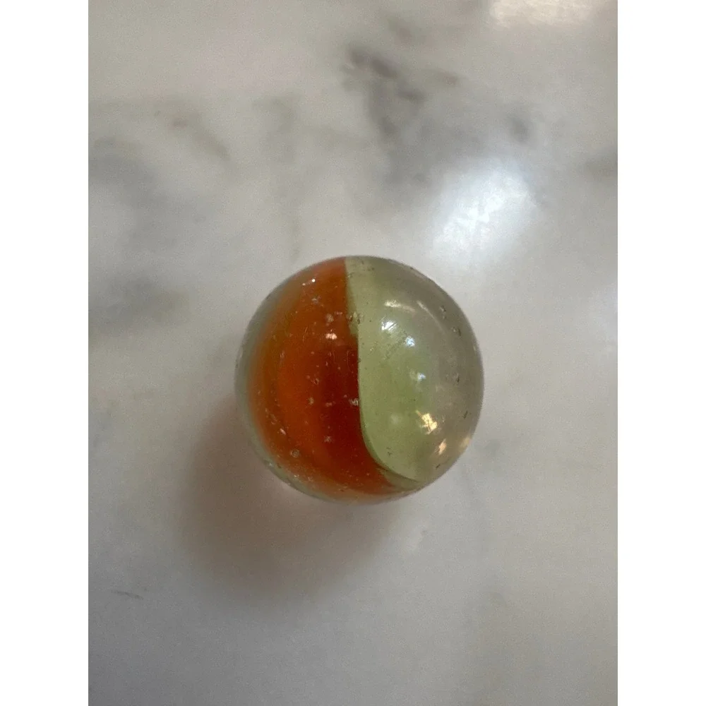 Vintage 15mm Glass Catseye Marble Orange Green White Tri-Color 4-Vane Swirl